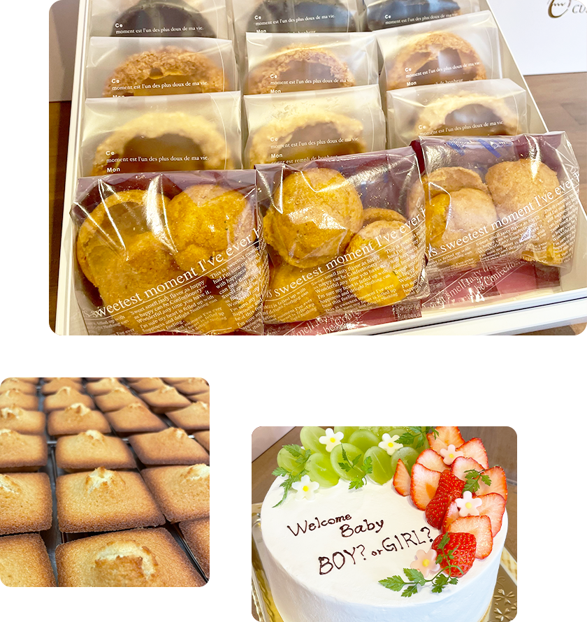 様々なシュークリーム、ホールケーキ、焼き菓子